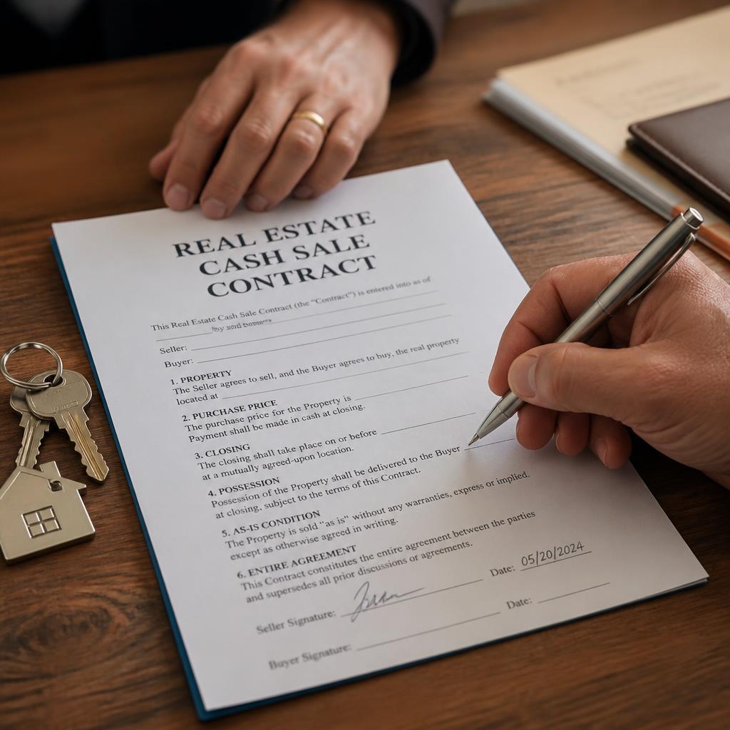 Hands signing a real estate cash sale contract with house keys